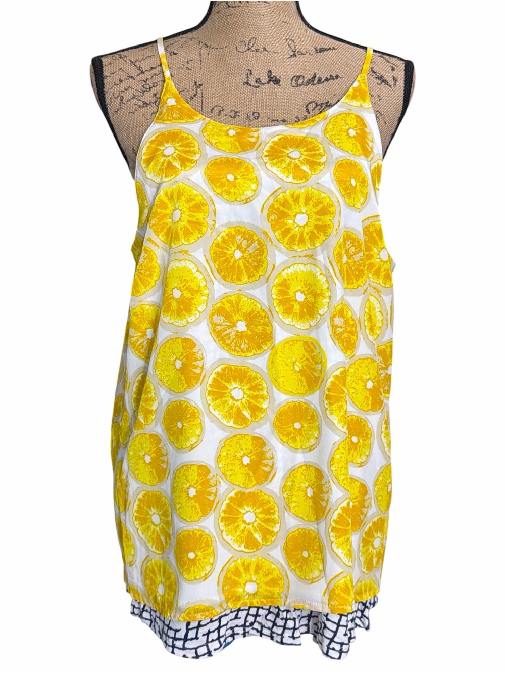 Porridge Yellow Citrus and plaid Print Camisole Slip top. EC. Size large